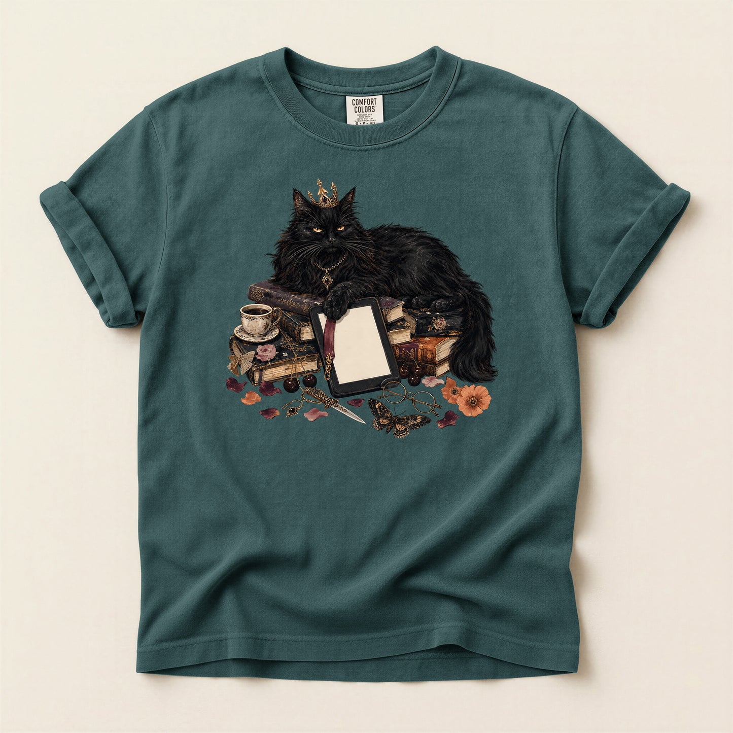 Black Cat Witchcraft T-Shirt — Queen Cat with Books & Potion Graphic