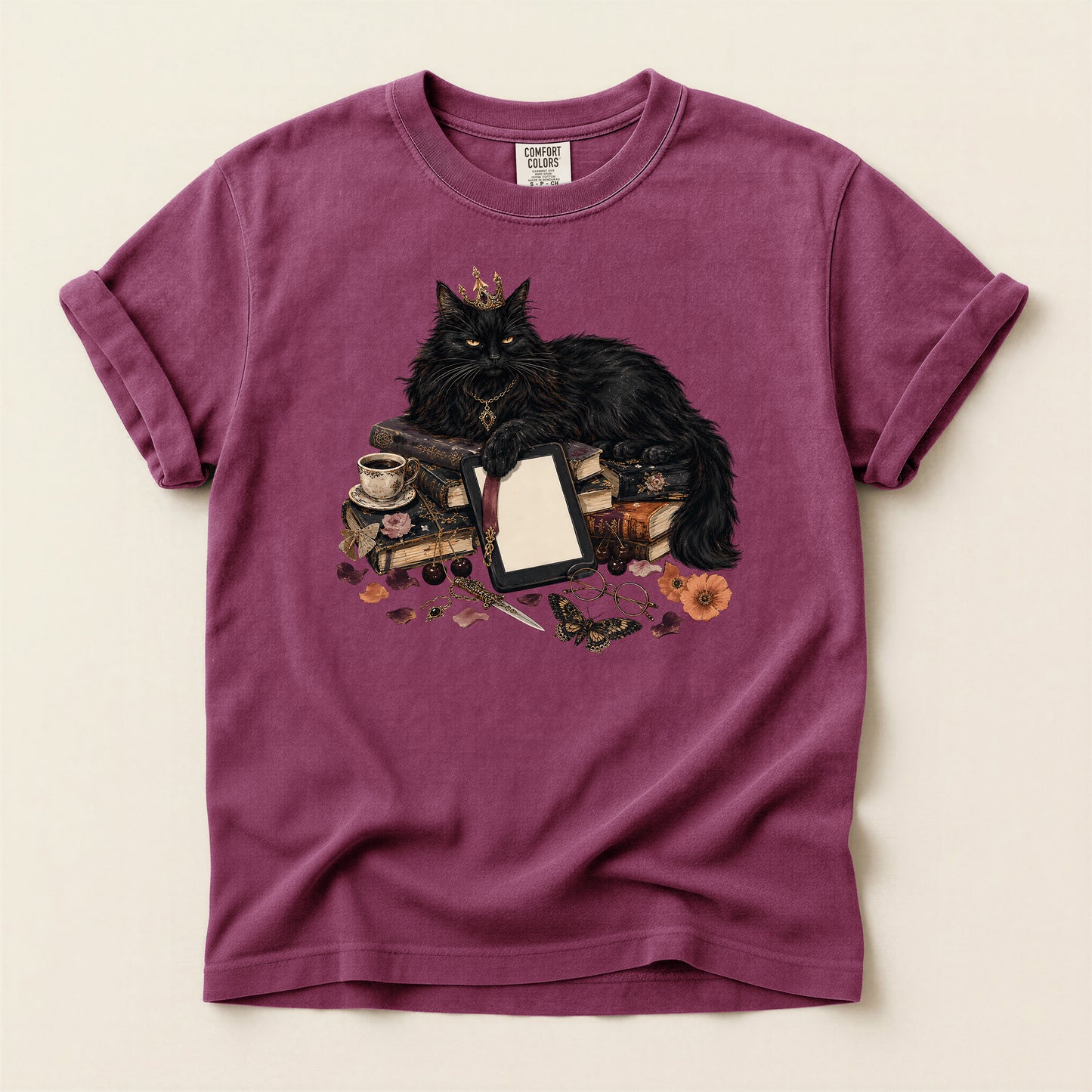 Black Cat Witchcraft T-Shirt — Queen Cat with Books & Potion Graphic