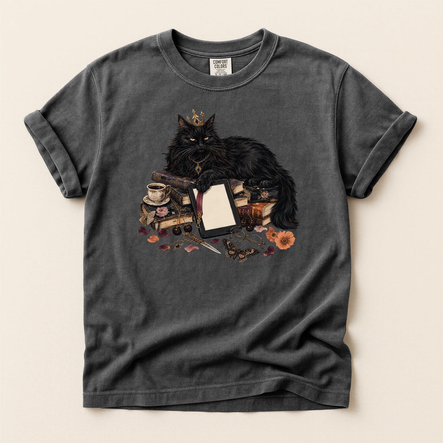 Black Cat Witchcraft T-Shirt — Queen Cat with Books & Potion Graphic