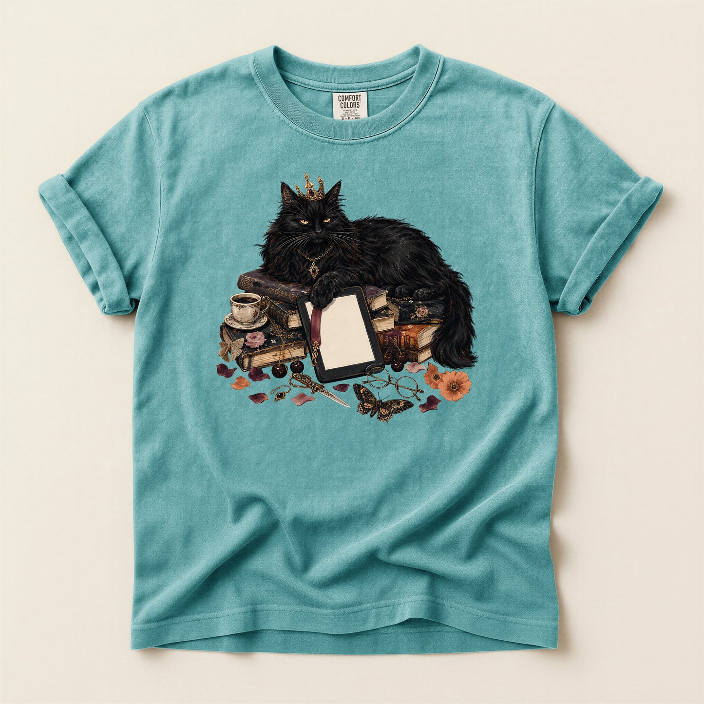 Black Cat Witchcraft T-Shirt — Queen Cat with Books & Potion Graphic
