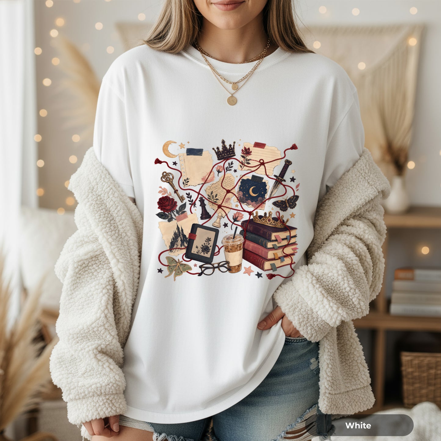 Cozy Witchcore Graphic T-Shirt — Books, Tarot & Moon Aesthetic