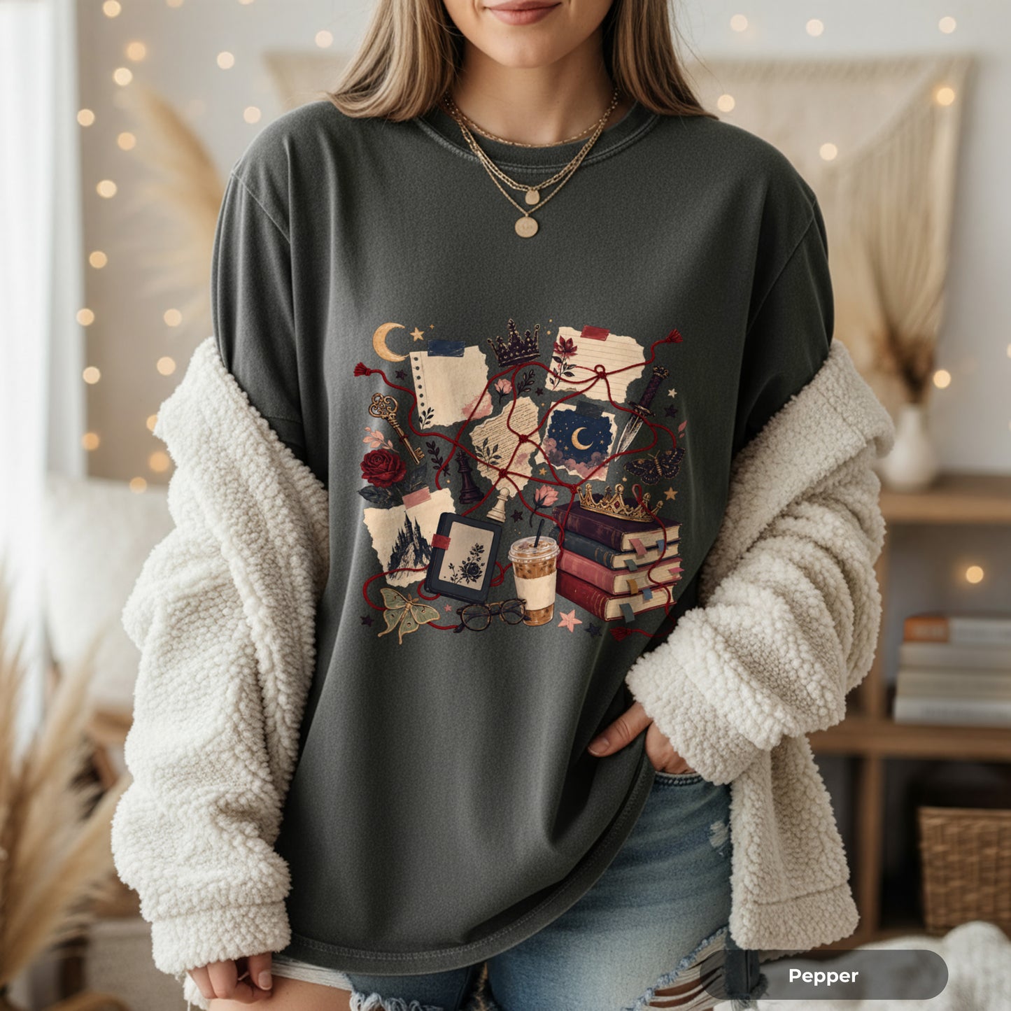 Cozy Witchcore Graphic T-Shirt — Books, Tarot & Moon Aesthetic