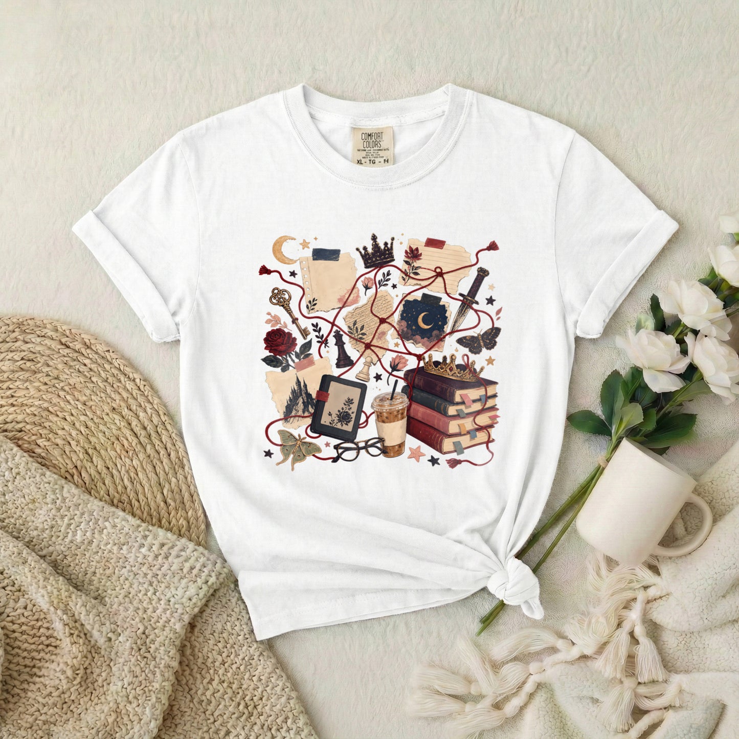 Cozy Witchcore Graphic T-Shirt — Books, Tarot & Moon Aesthetic