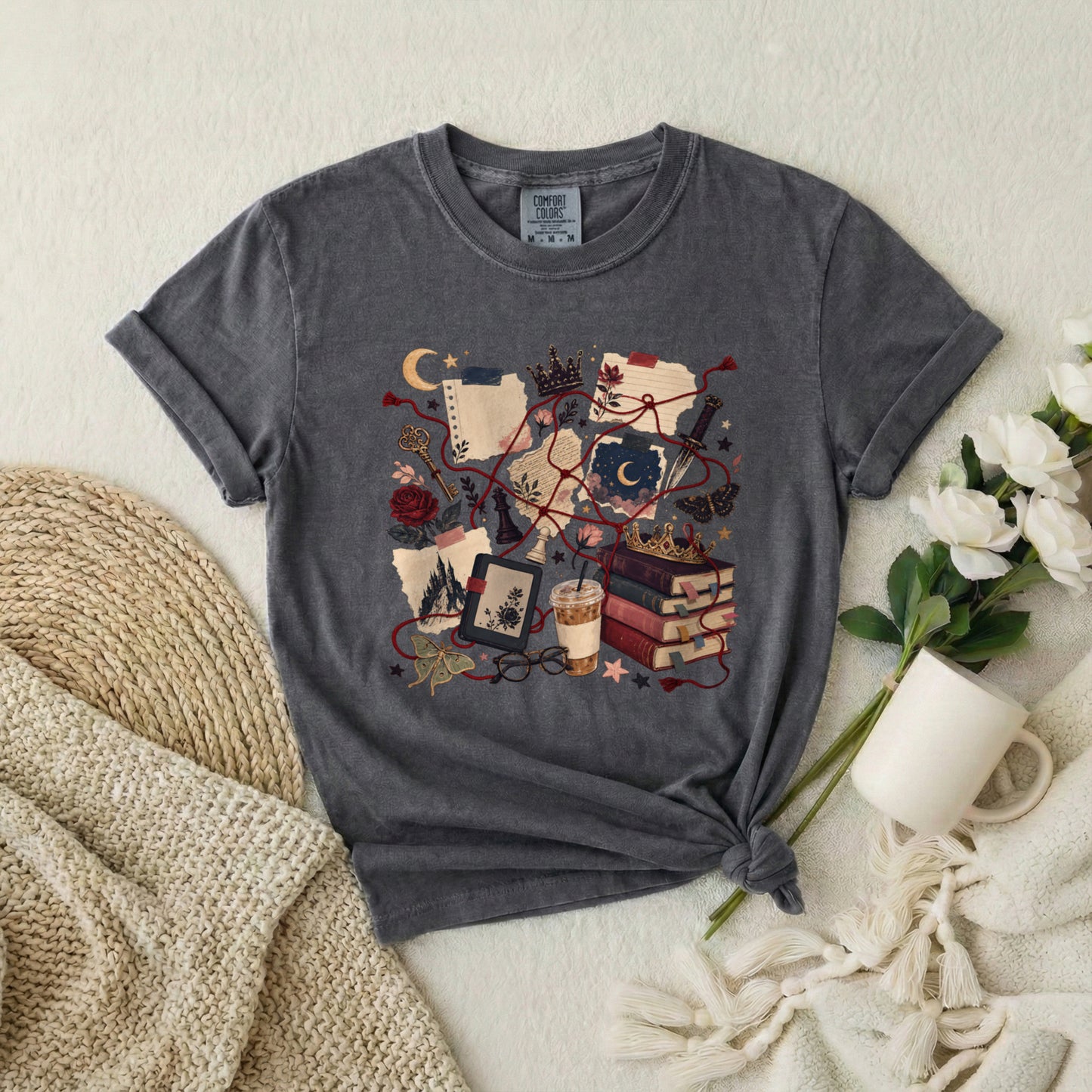 Cozy Witchcore Graphic T-Shirt — Books, Tarot & Moon Aesthetic