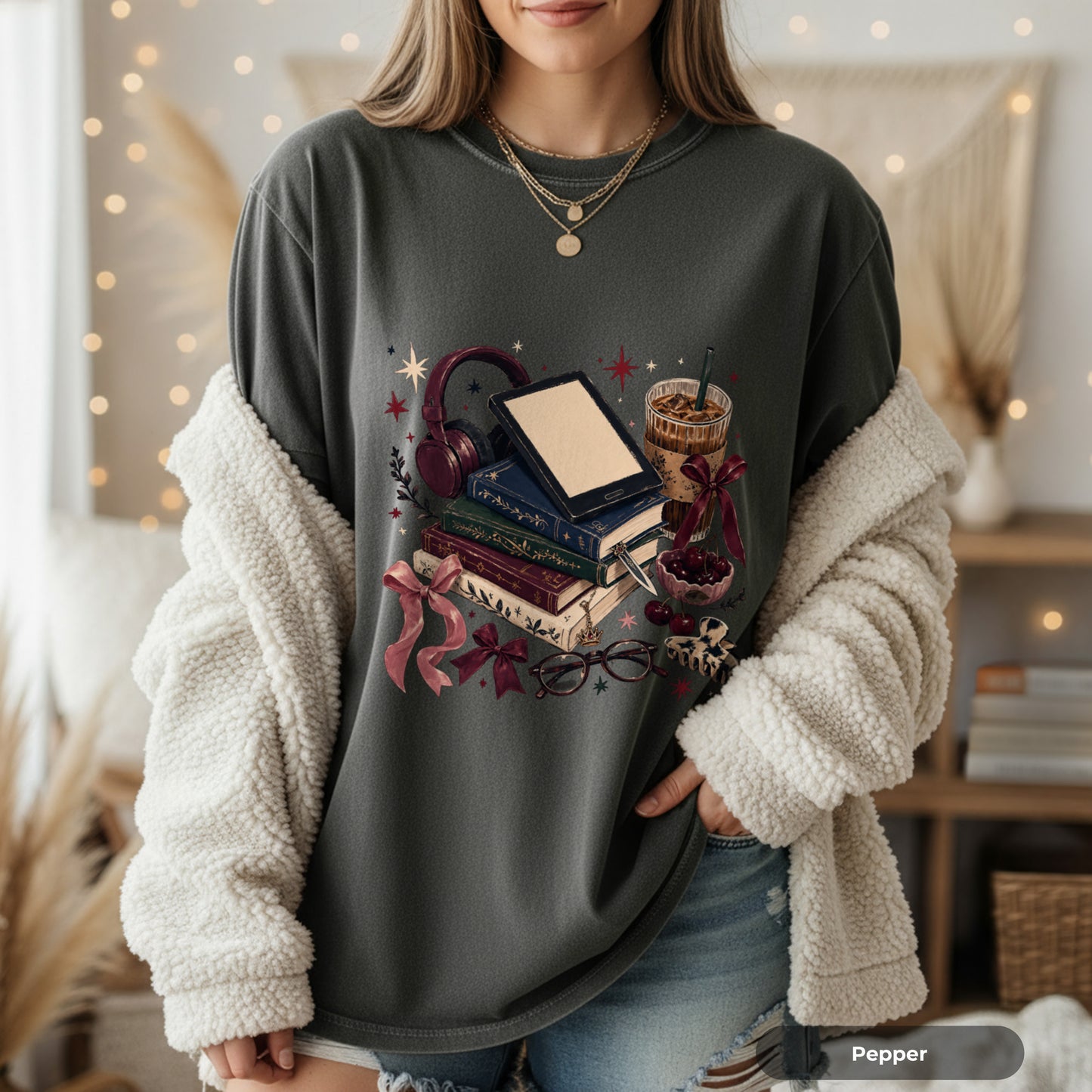 Cozy Bookstack T-Shirt — Books, Coffee & Reading Accessories Graphic Tee
