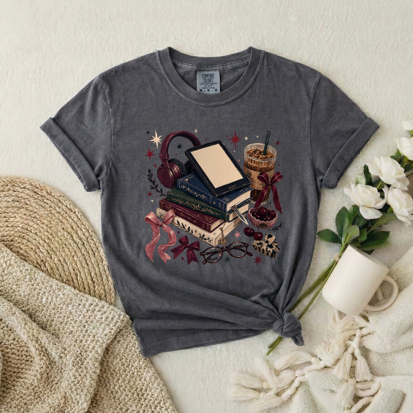 Cozy Bookstack T-Shirt — Books, Coffee & Reading Accessories Graphic Tee