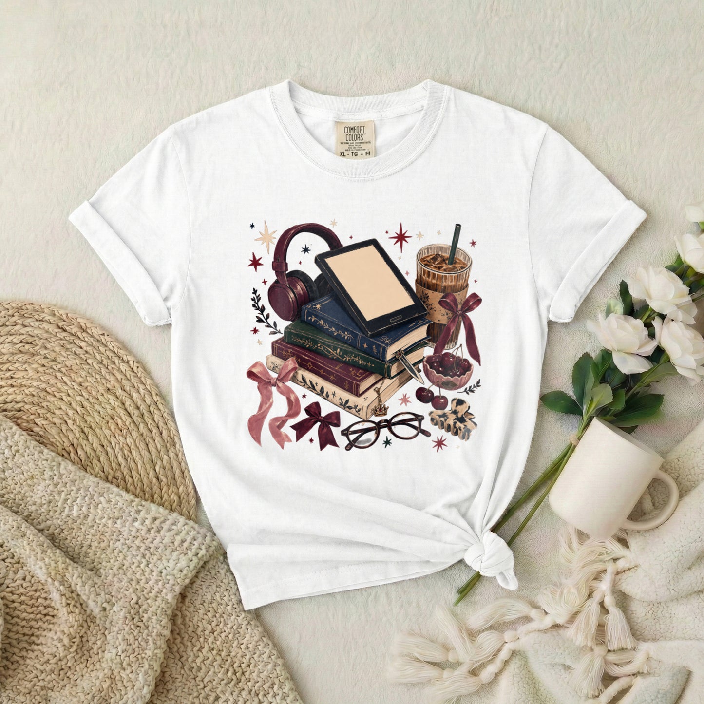 Cozy Bookstack T-Shirt — Books, Coffee & Reading Accessories Graphic Tee