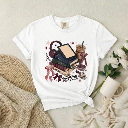 Cozy Bookstack T-Shirt — Books, Coffee & Reading Accessories Graphic Tee