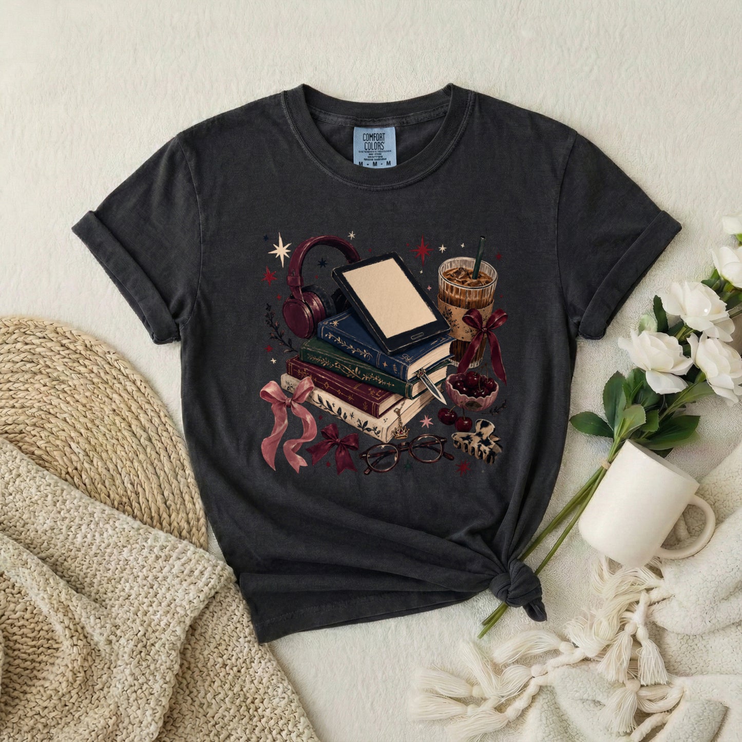 Cozy Bookstack T-Shirt — Books, Coffee & Reading Accessories Graphic Tee