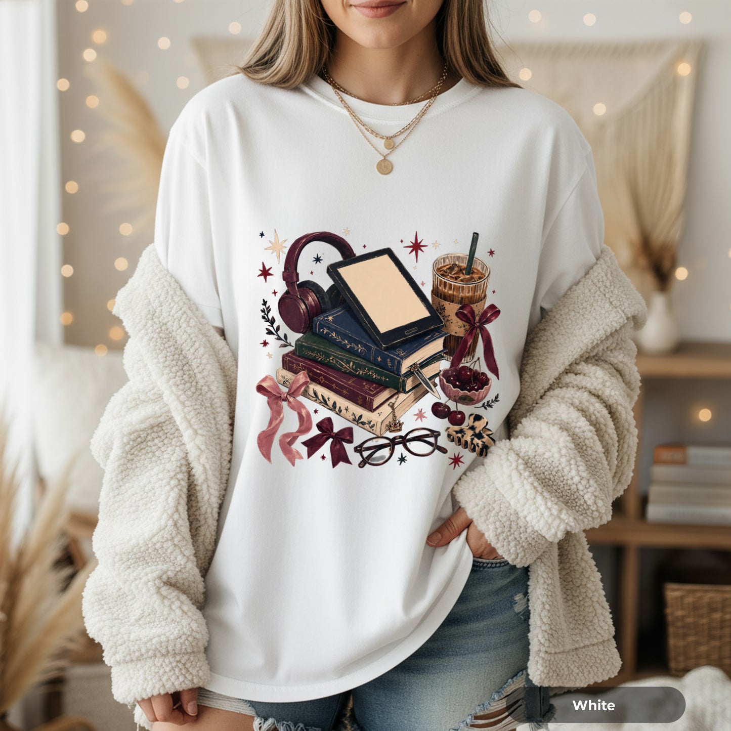 Cozy Bookstack T-Shirt — Books, Coffee & Reading Accessories Graphic Tee