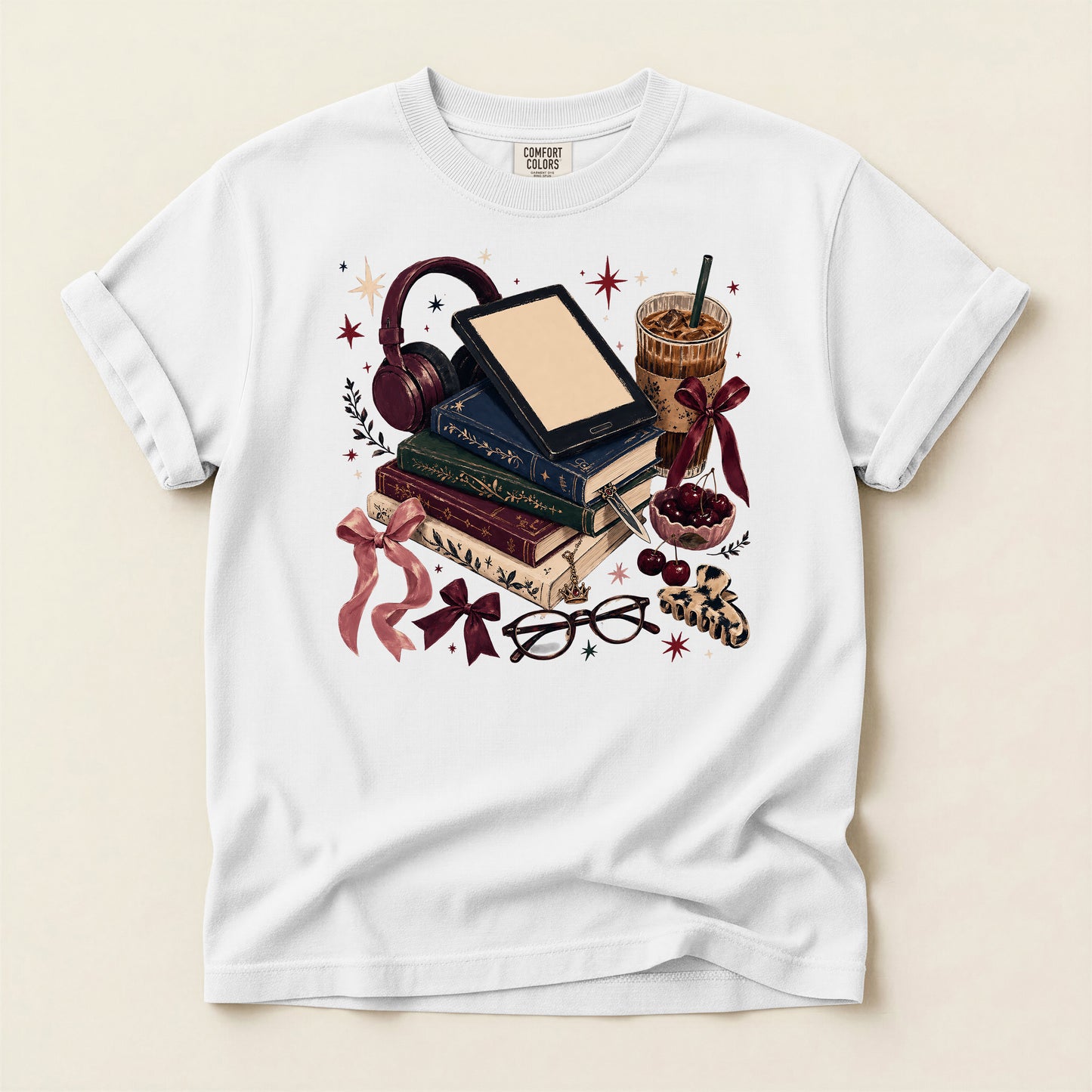 Cozy Bookstack T-Shirt — Books, Coffee & Reading Accessories Graphic Tee
