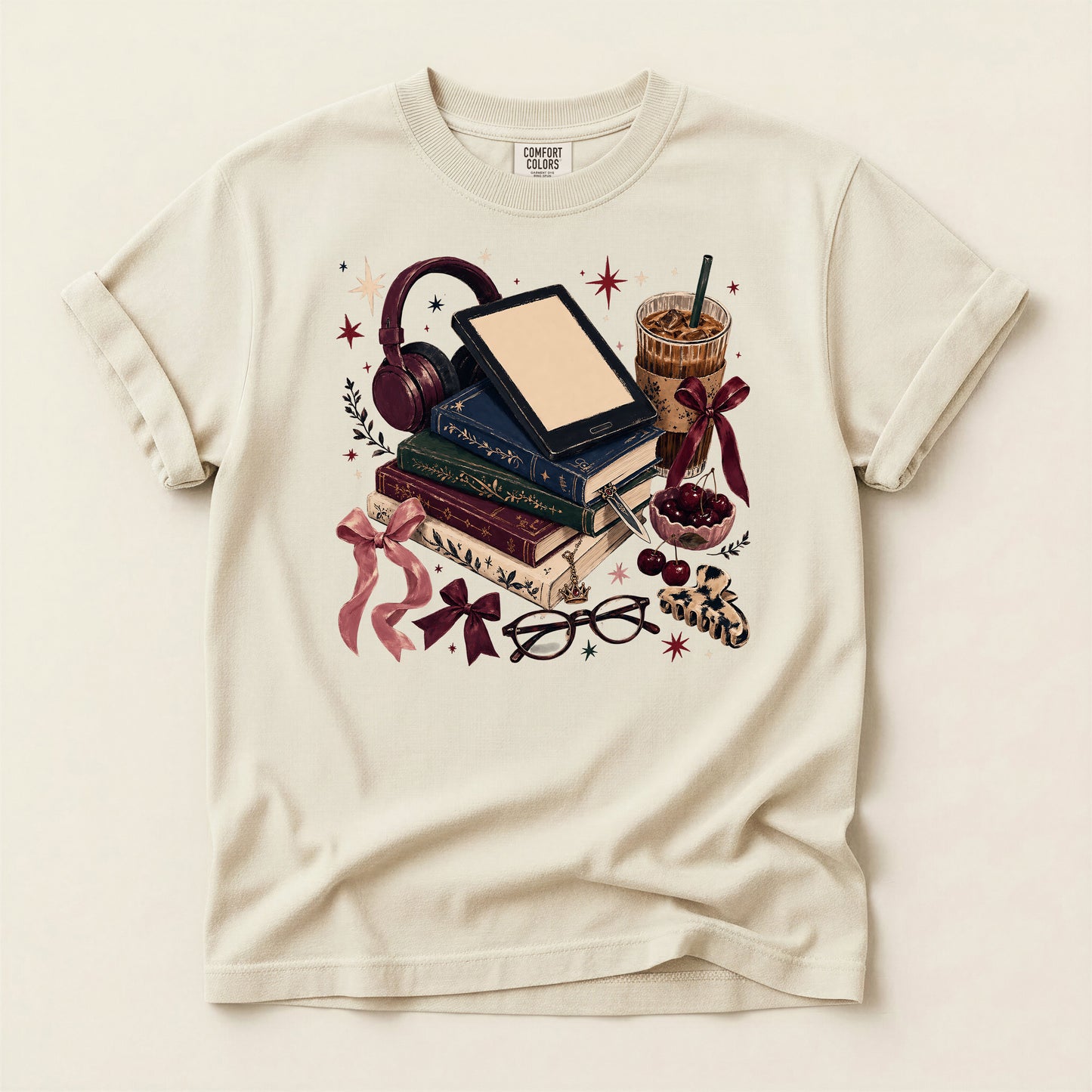 Cozy Bookstack T-Shirt — Books, Coffee & Reading Accessories Graphic Tee