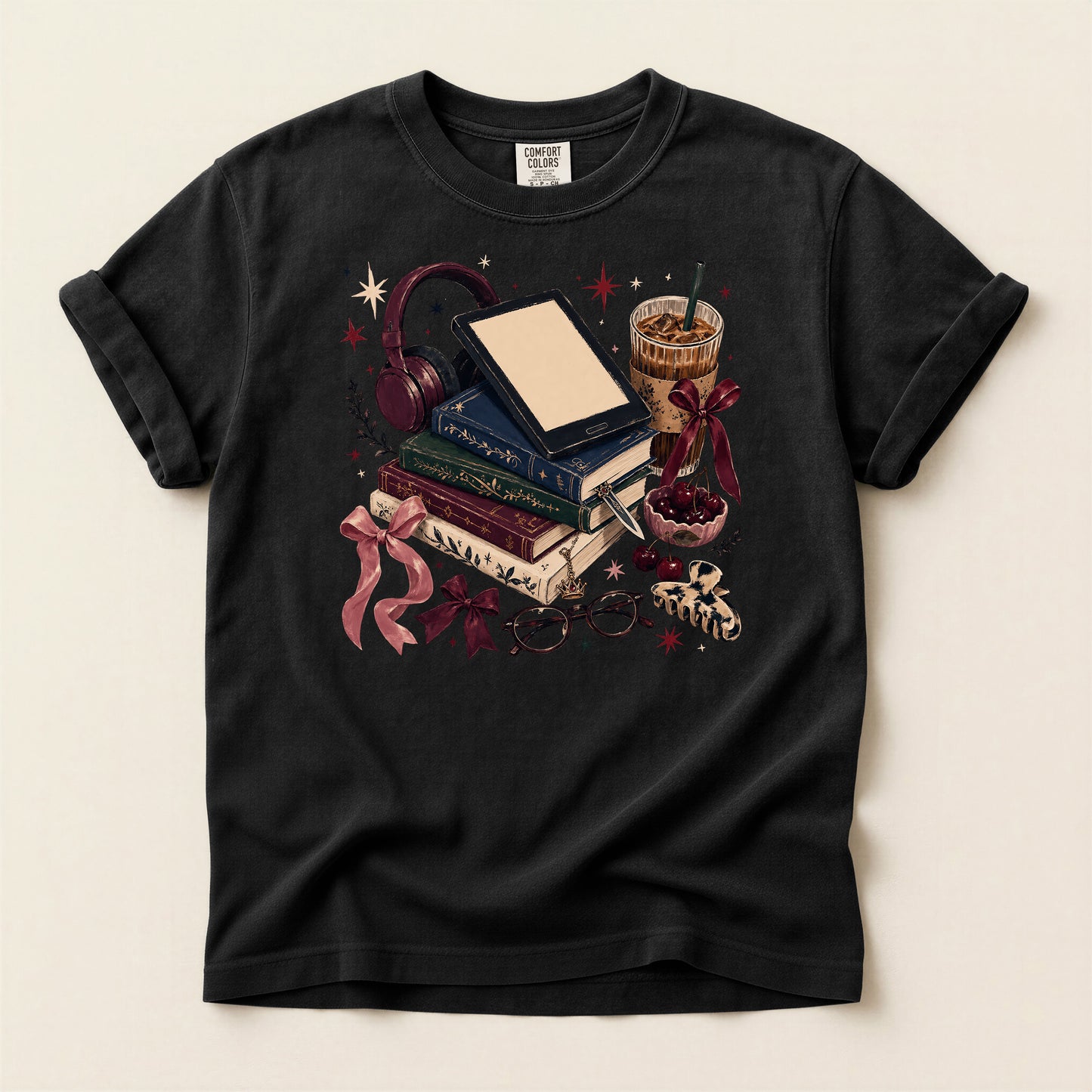 Cozy Bookstack T-Shirt — Books, Coffee & Reading Accessories Graphic Tee
