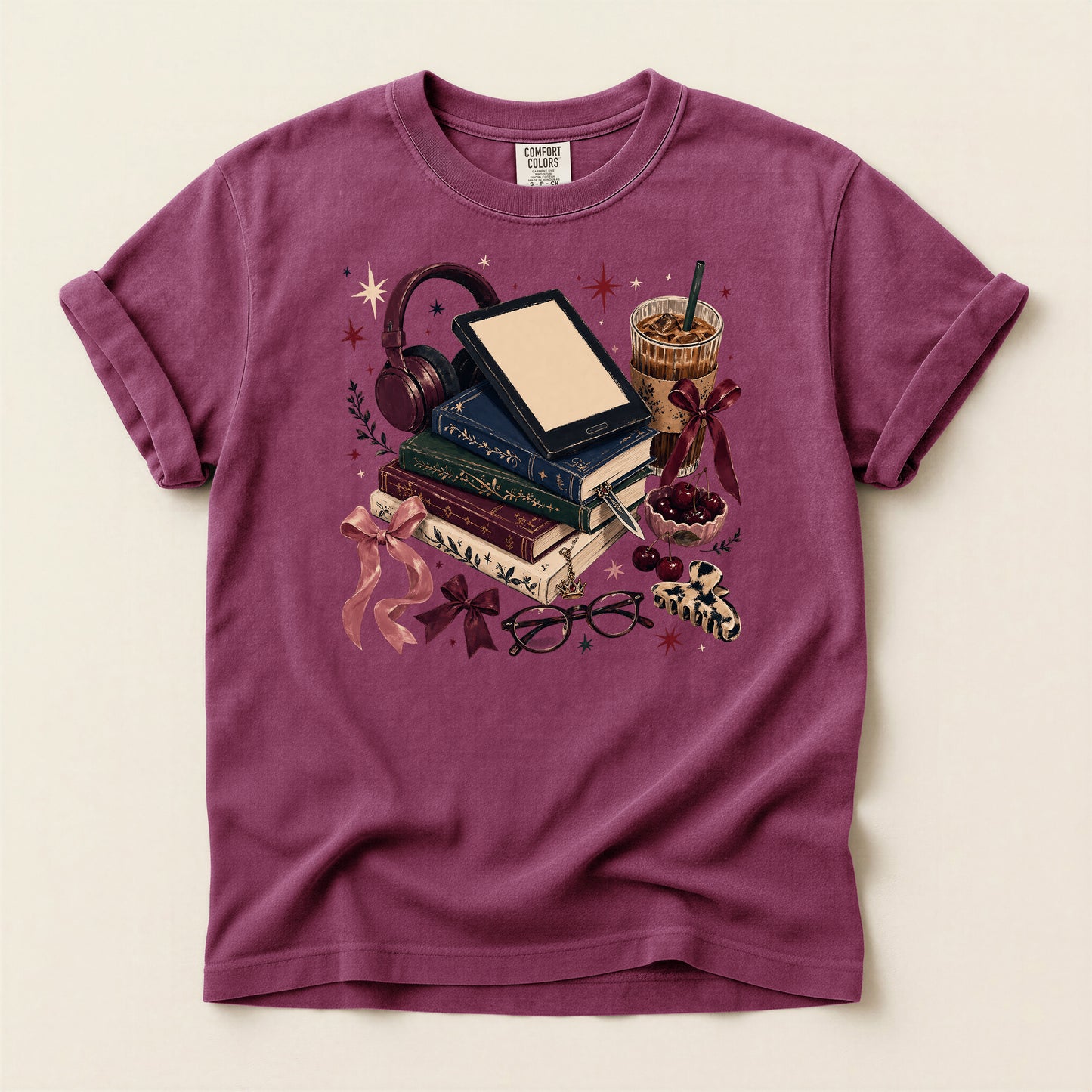 Cozy Bookstack T-Shirt — Books, Coffee & Reading Accessories Graphic Tee