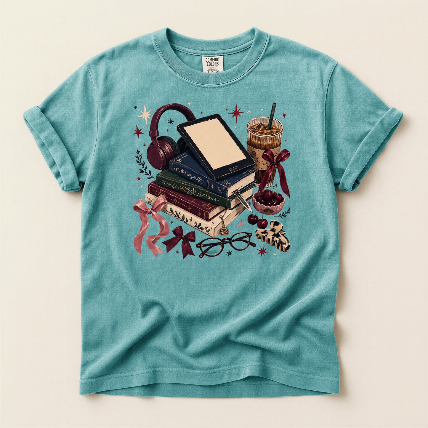 Cozy Bookstack T-Shirt — Books, Coffee & Reading Accessories Graphic Tee