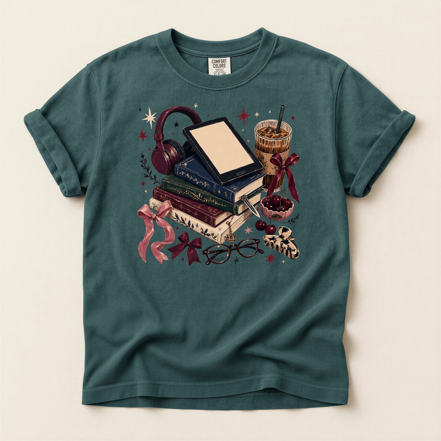 Cozy Bookstack T-Shirt — Books, Coffee & Reading Accessories Graphic Tee