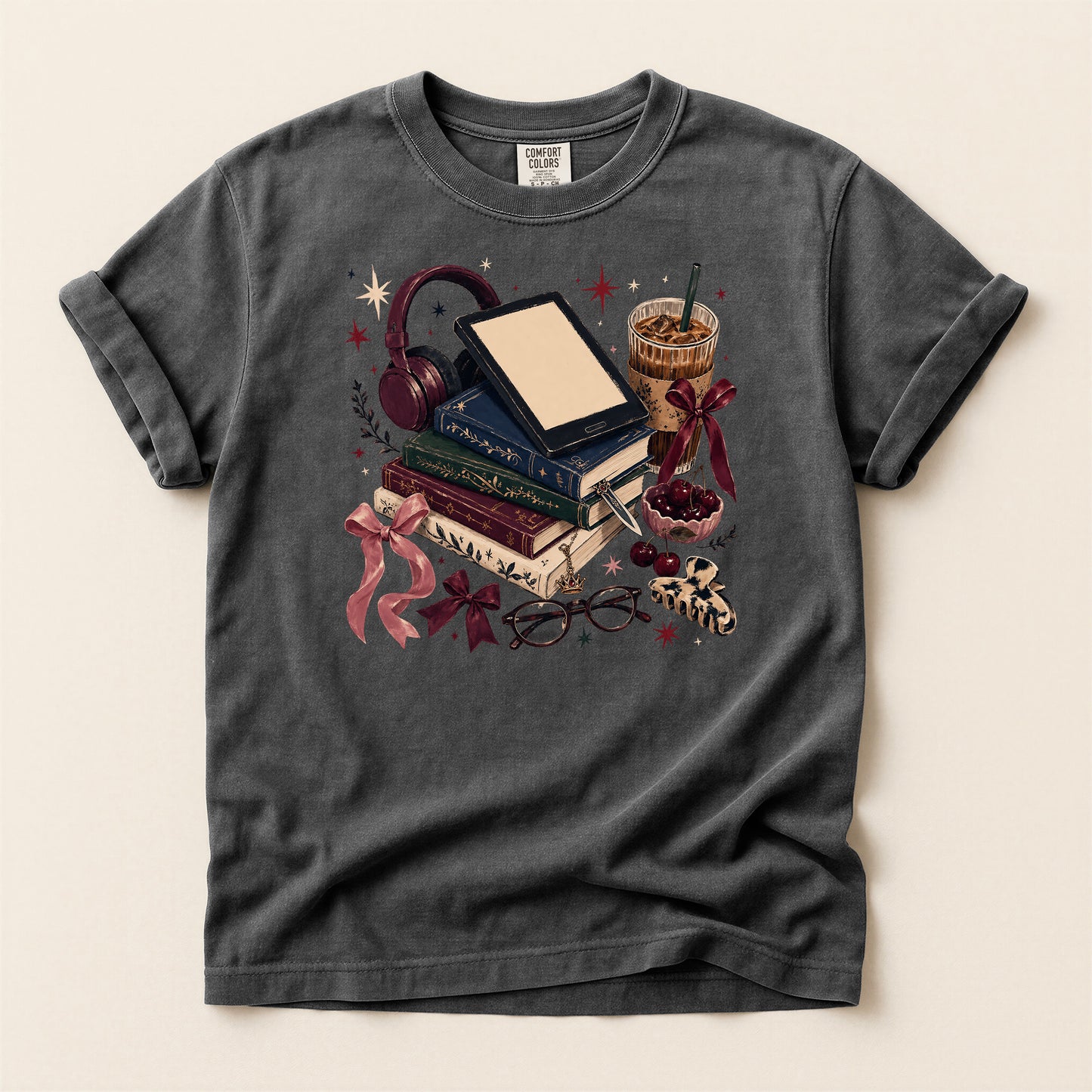Cozy Bookstack T-Shirt — Books, Coffee & Reading Accessories Graphic Tee