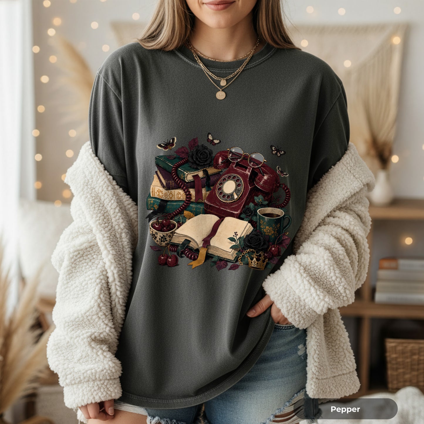Vintage Bookish T-Shirt — Retro Phone, Books & Coffee Graphic