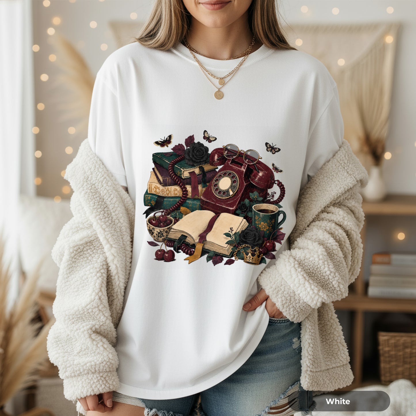 Vintage Bookish T-Shirt — Retro Phone, Books & Coffee Graphic