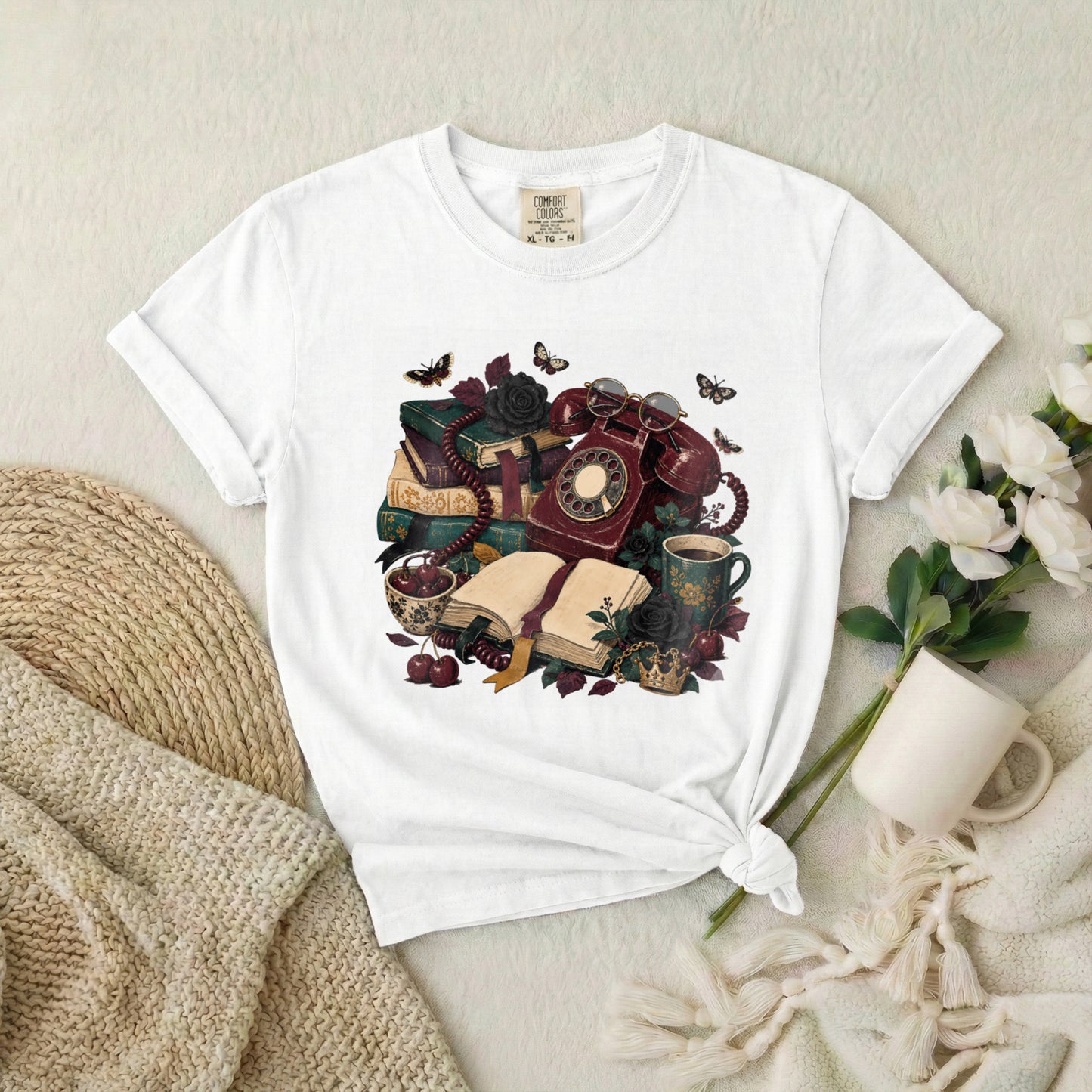 Vintage Bookish T-Shirt — Retro Phone, Books & Coffee Graphic