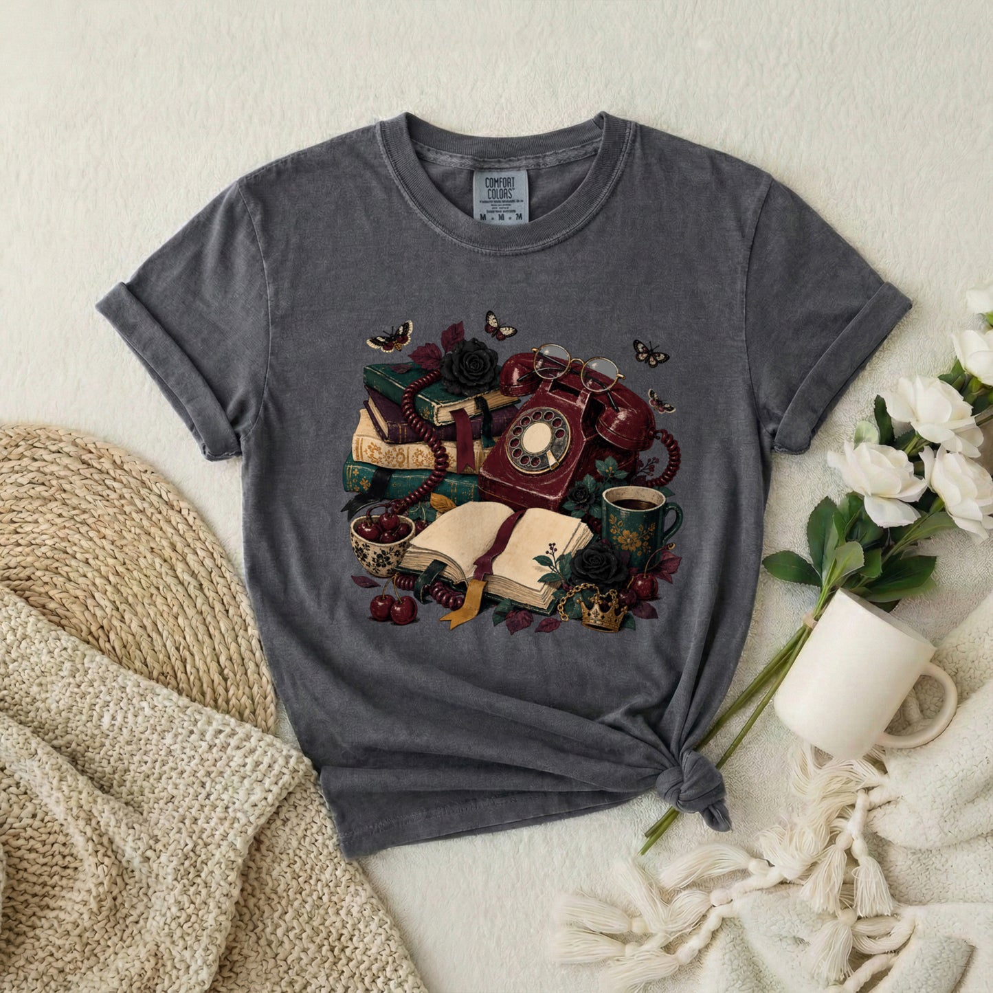 Vintage Bookish T-Shirt — Retro Phone, Books & Coffee Graphic