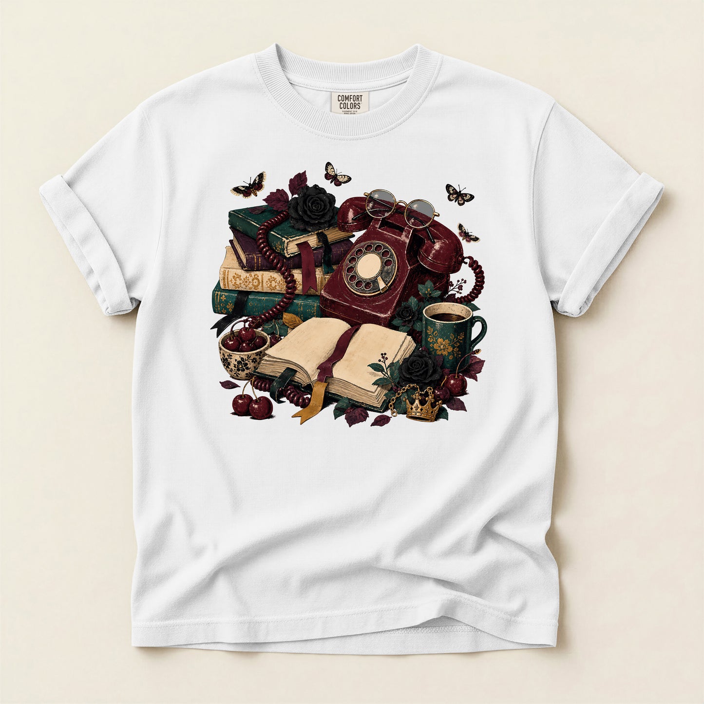 Vintage Bookish T-Shirt — Retro Phone, Books & Coffee Graphic