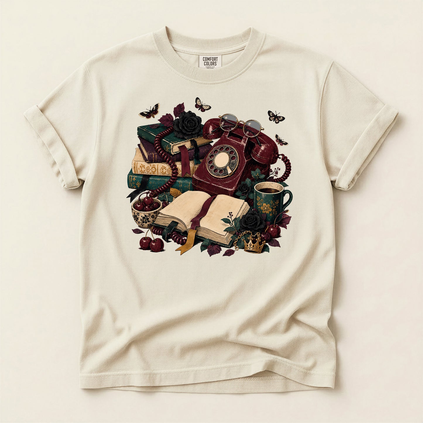 Vintage Bookish T-Shirt — Retro Phone, Books & Coffee Graphic