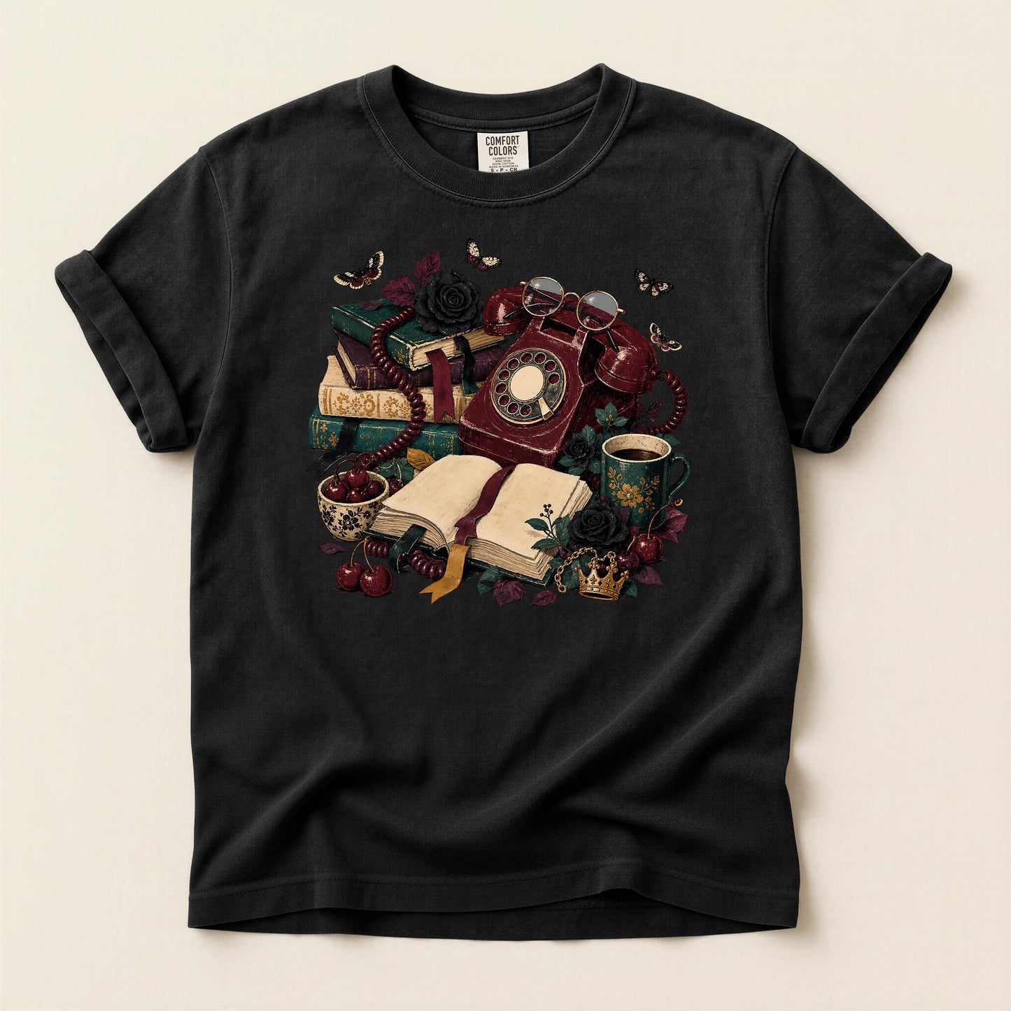 Vintage Bookish T-Shirt — Retro Phone, Books & Coffee Graphic