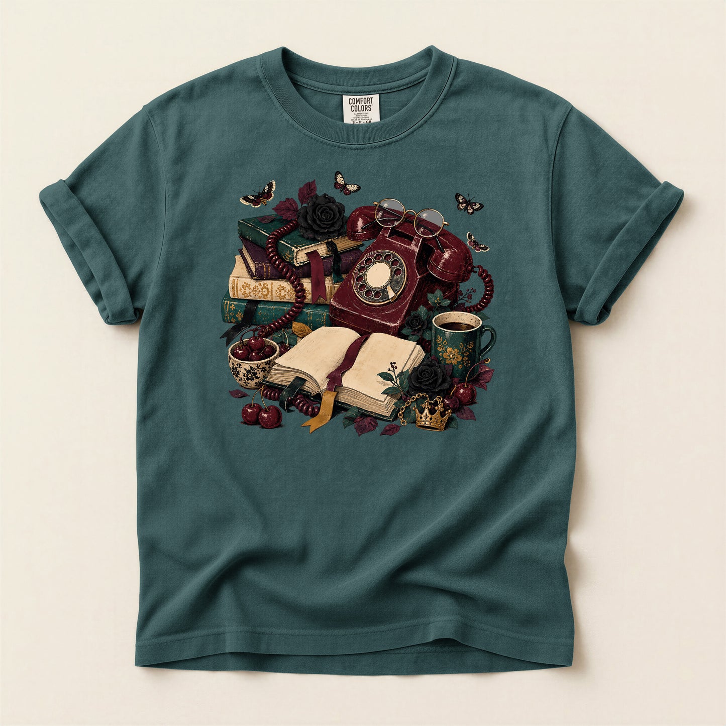 Vintage Bookish T-Shirt — Retro Phone, Books & Coffee Graphic