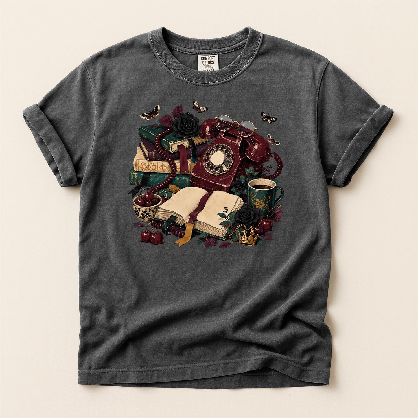 Vintage Bookish T-Shirt — Retro Phone, Books & Coffee Graphic
