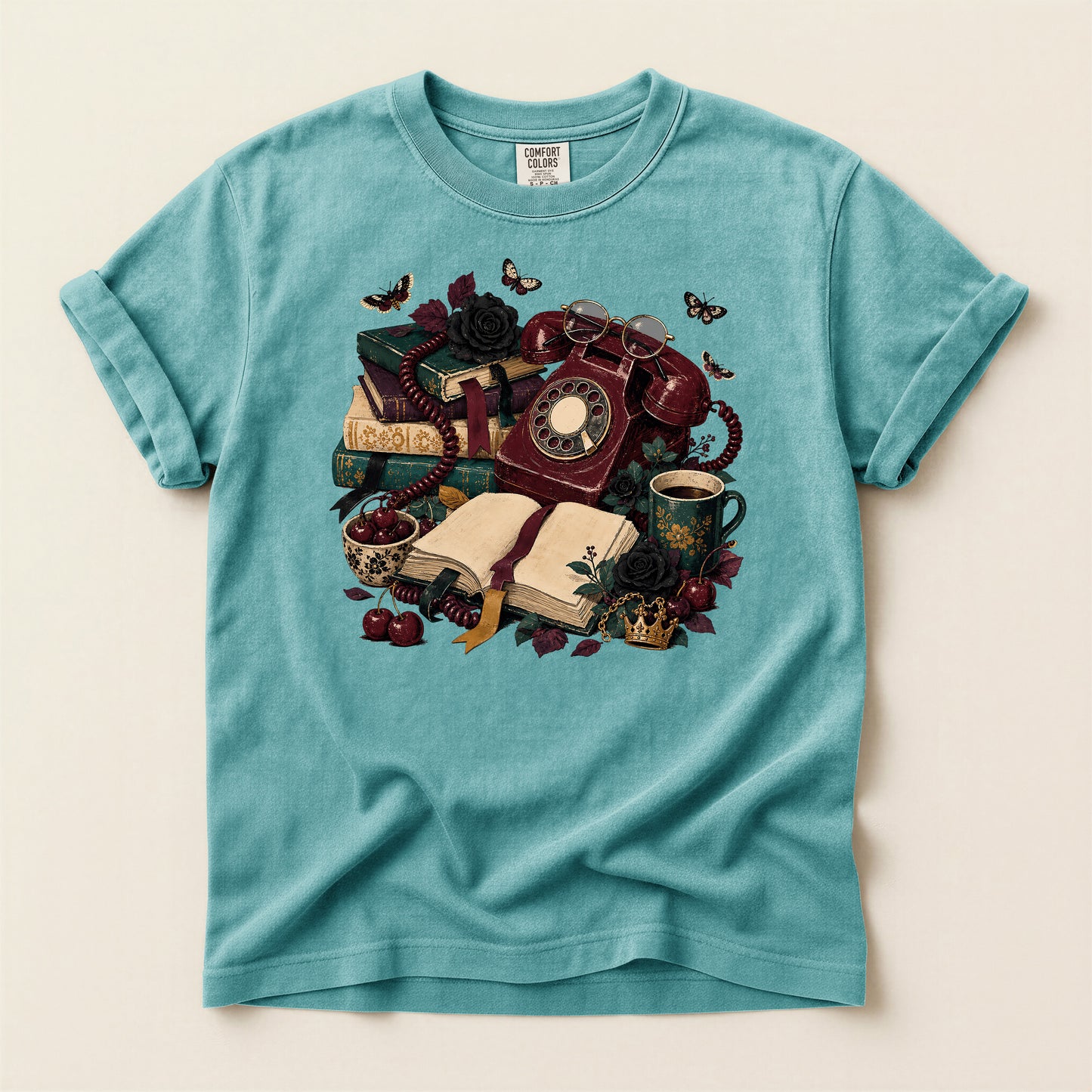 Vintage Bookish T-Shirt — Retro Phone, Books & Coffee Graphic