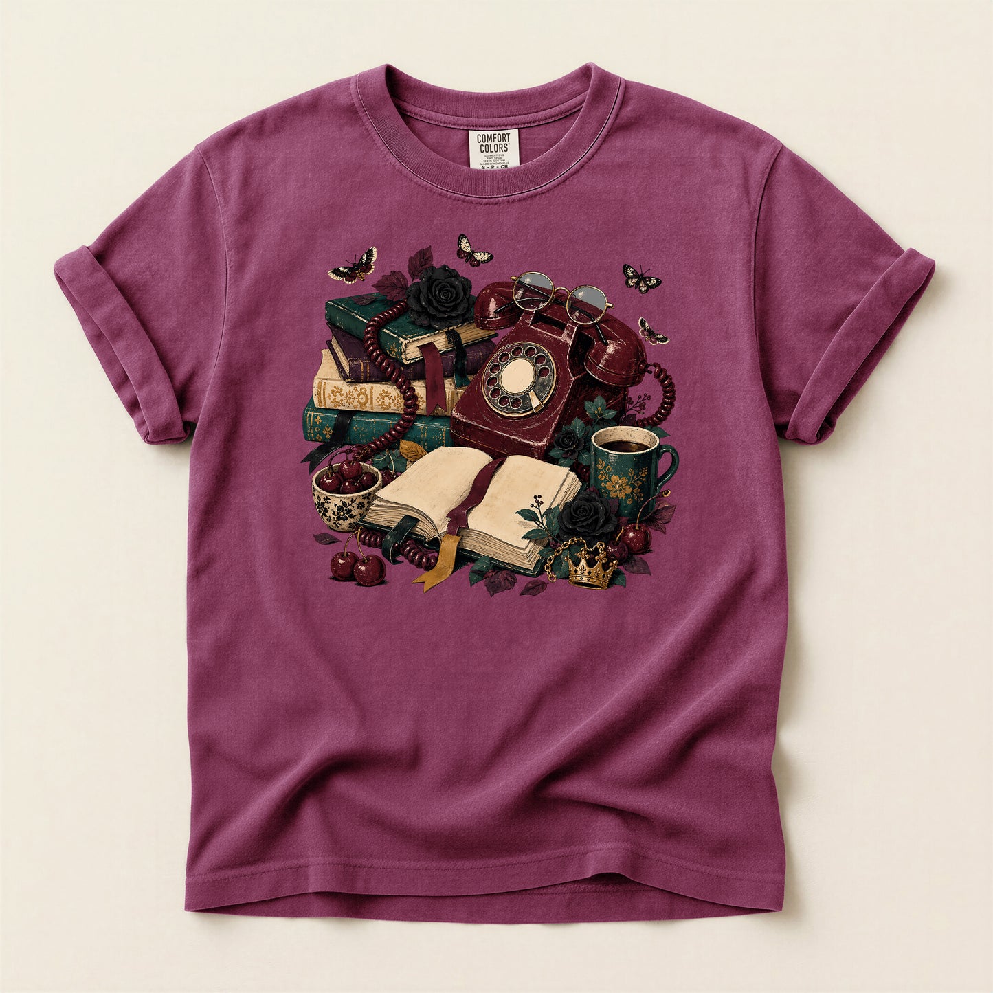 Vintage Bookish T-Shirt — Retro Phone, Books & Coffee Graphic