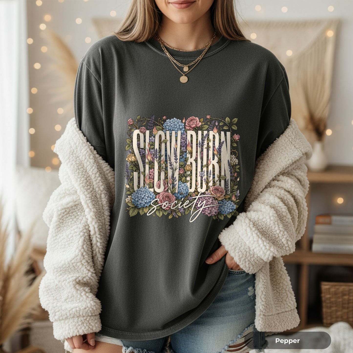 Flower Frame T-Shirt — "I GUV ROCK Society" Vintage Floral Graphic Tee