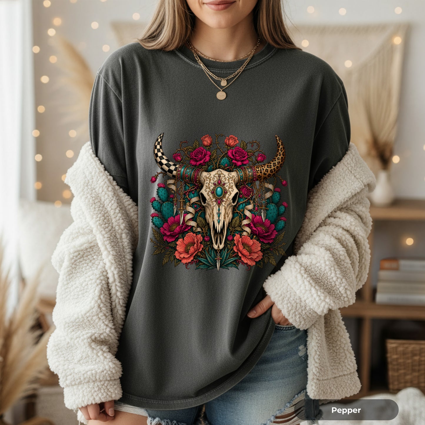 Western Skull Floral T-Shirt — Boho Cow Skull Tee with Roses