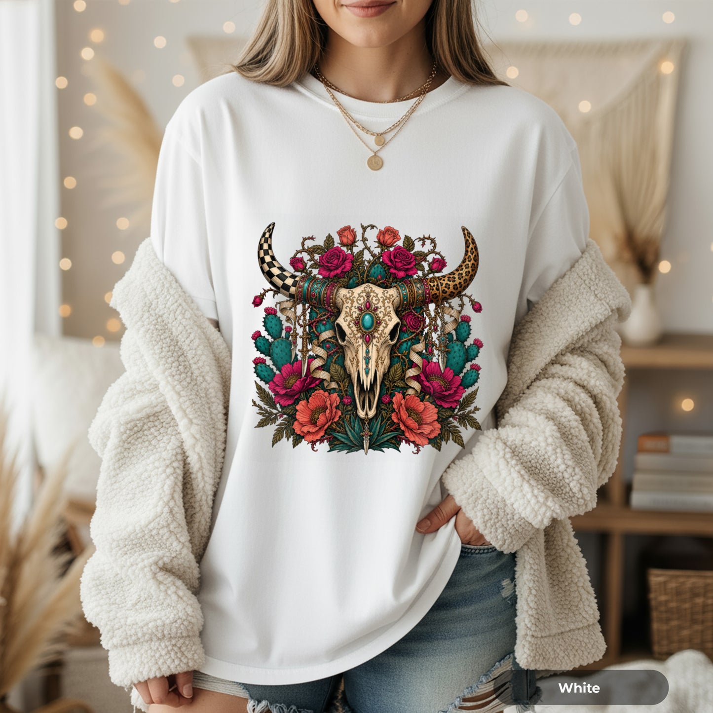 Western Skull Floral T-Shirt — Boho Cow Skull Tee with Roses