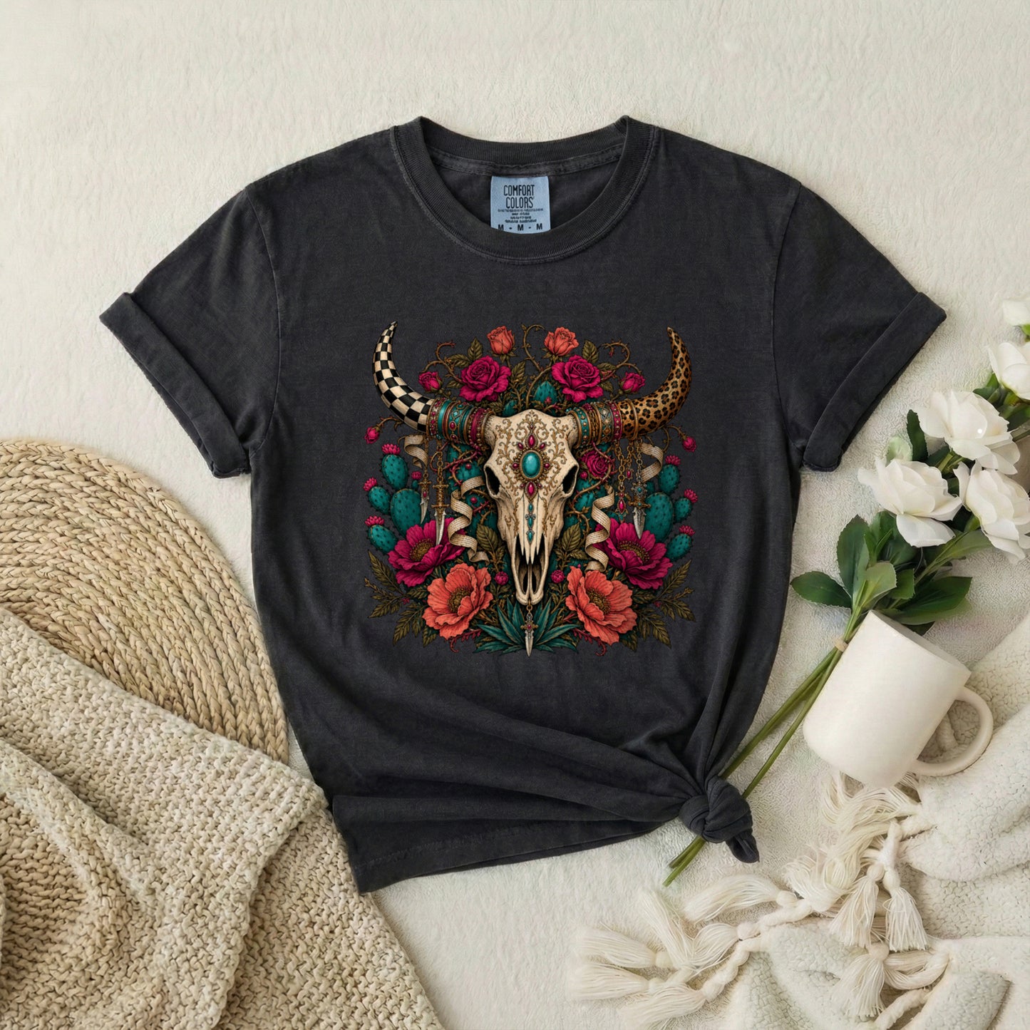 Western Skull Floral T-Shirt — Boho Cow Skull Tee with Roses