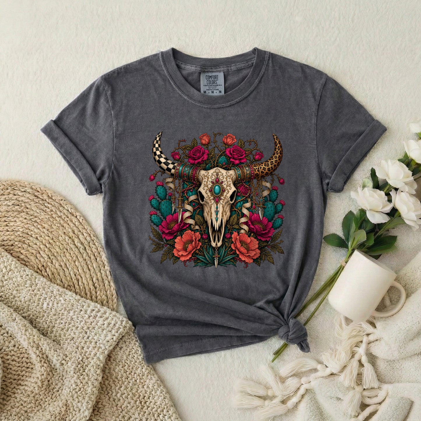 Western Skull Floral T-Shirt — Boho Cow Skull Tee with Roses