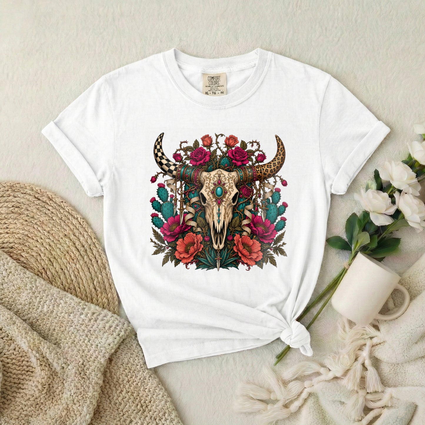 Western Skull Floral T-Shirt — Boho Cow Skull Tee with Roses