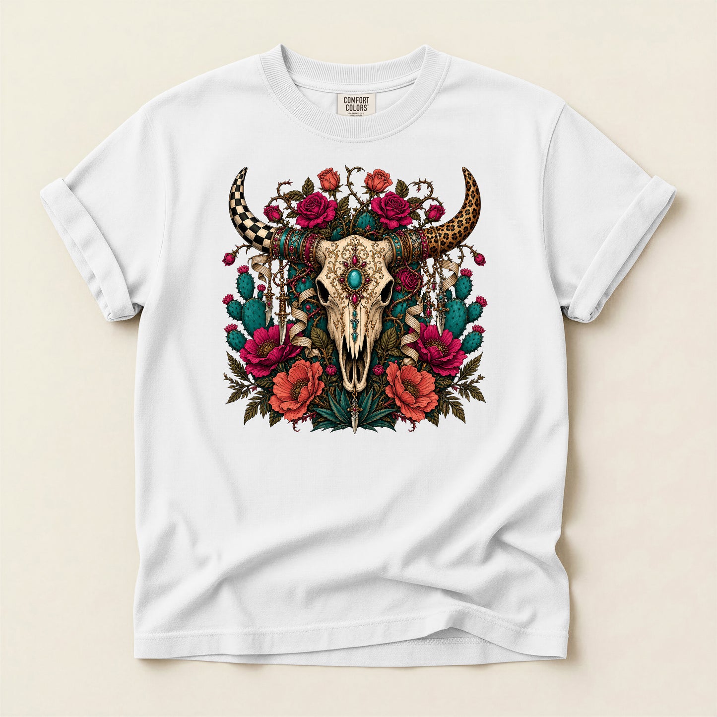 Western Skull Floral T-Shirt — Boho Cow Skull Tee with Roses