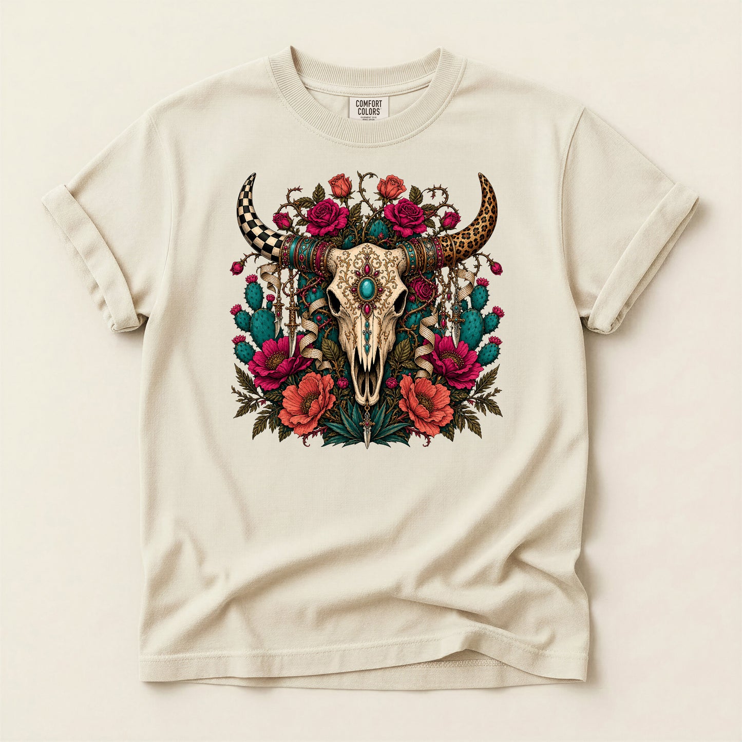Western Skull Floral T-Shirt — Boho Cow Skull Tee with Roses