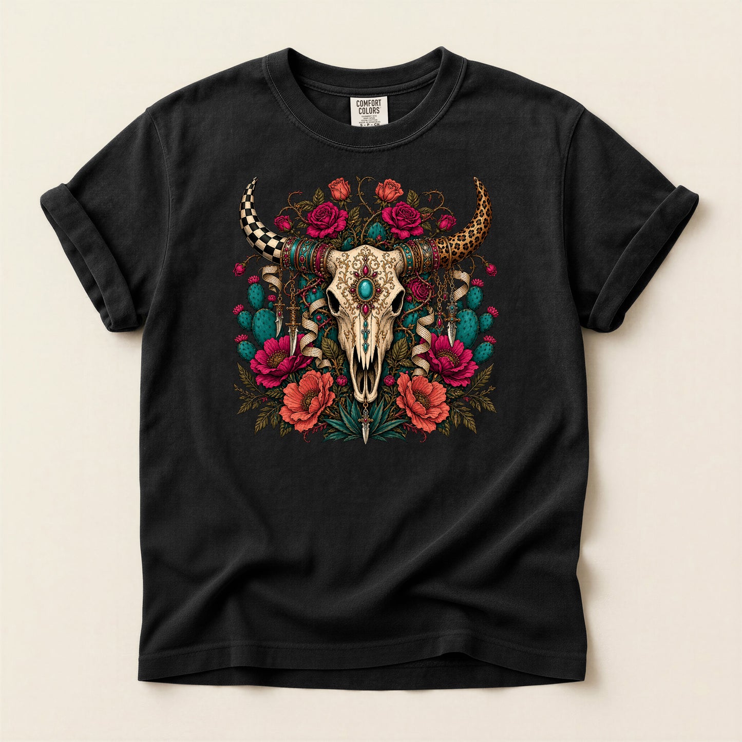 Western Skull Floral T-Shirt — Boho Cow Skull Tee with Roses