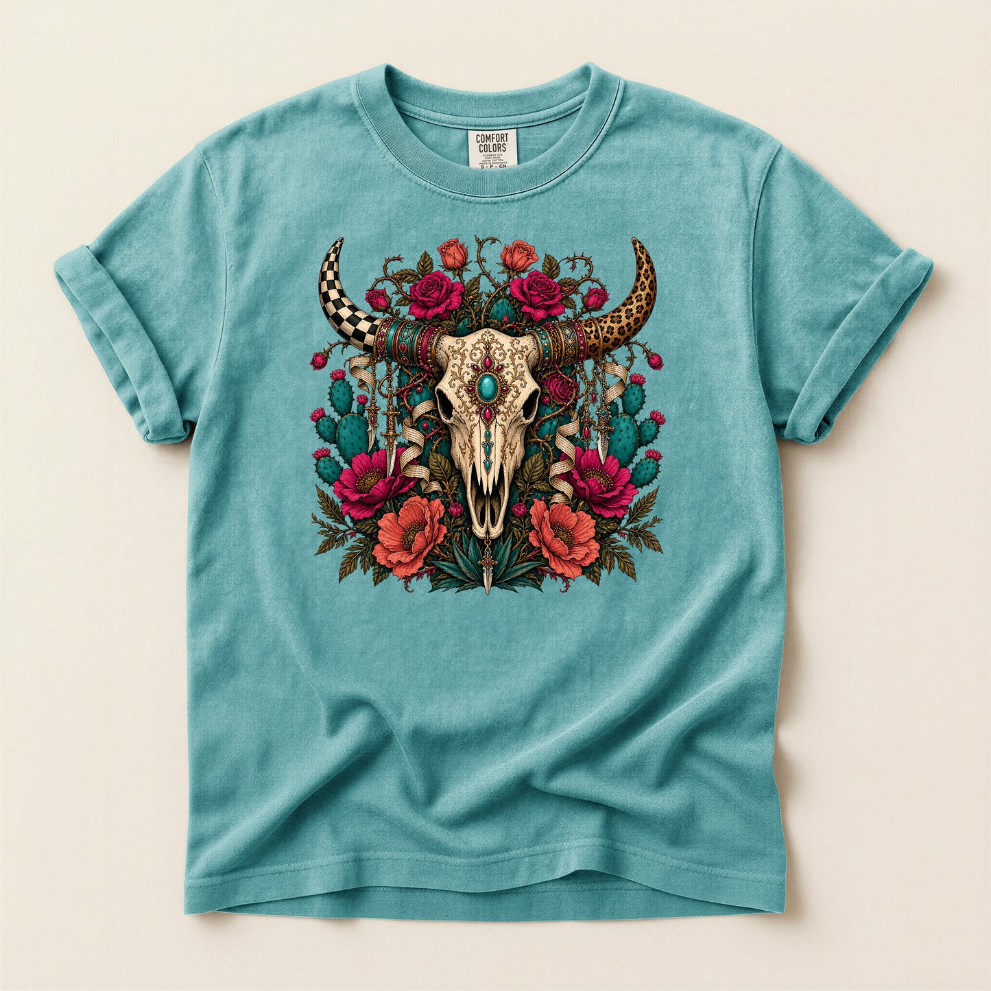 Western Skull Floral T-Shirt — Boho Cow Skull Tee with Roses