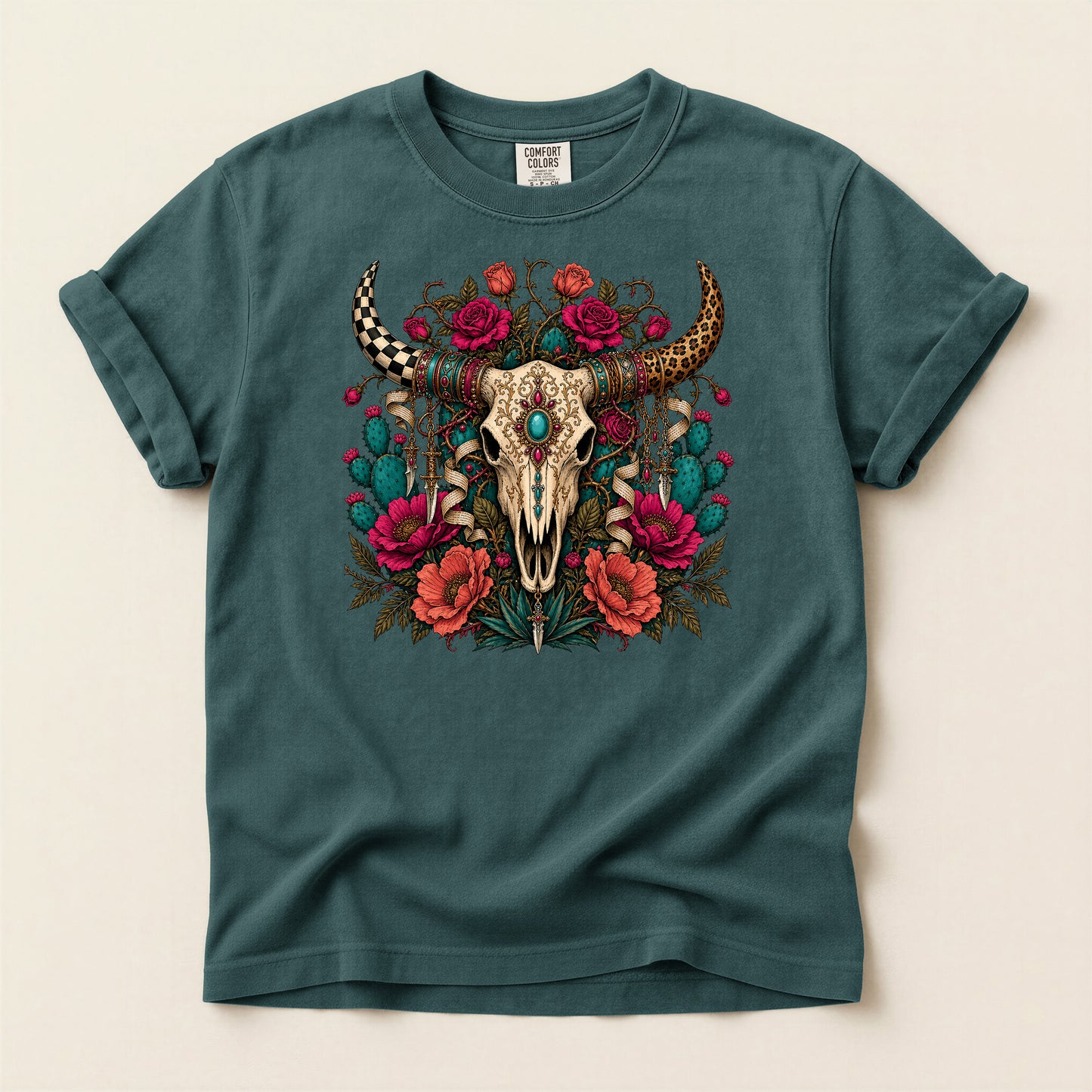 Western Skull Floral T-Shirt — Boho Cow Skull Tee with Roses