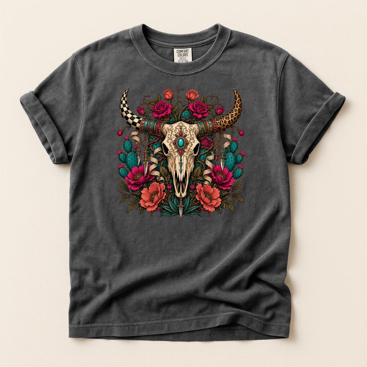Western Skull Floral T-Shirt — Boho Cow Skull Tee with Roses