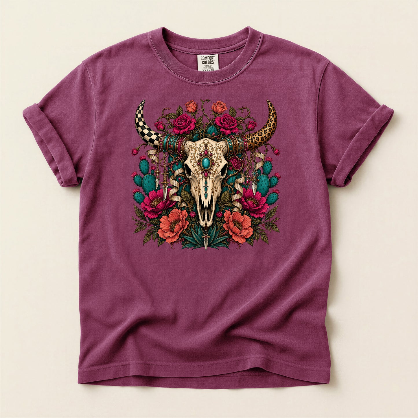Western Skull Floral T-Shirt — Boho Cow Skull Tee with Roses