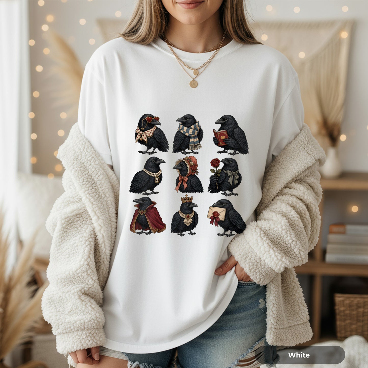 Raven Characters T‑Shirt — Cute Gothic Crow Crew with Accessories