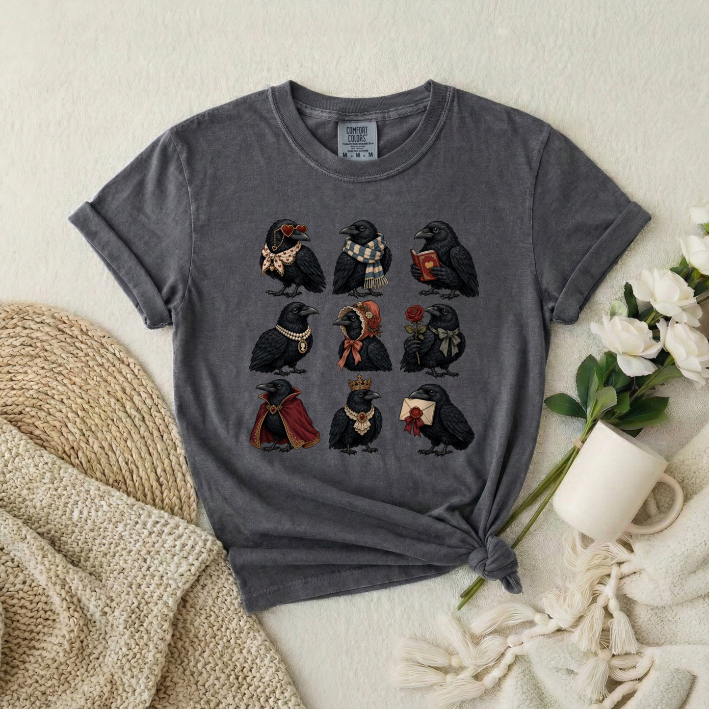Raven Characters T‑Shirt — Cute Gothic Crow Crew with Accessories
