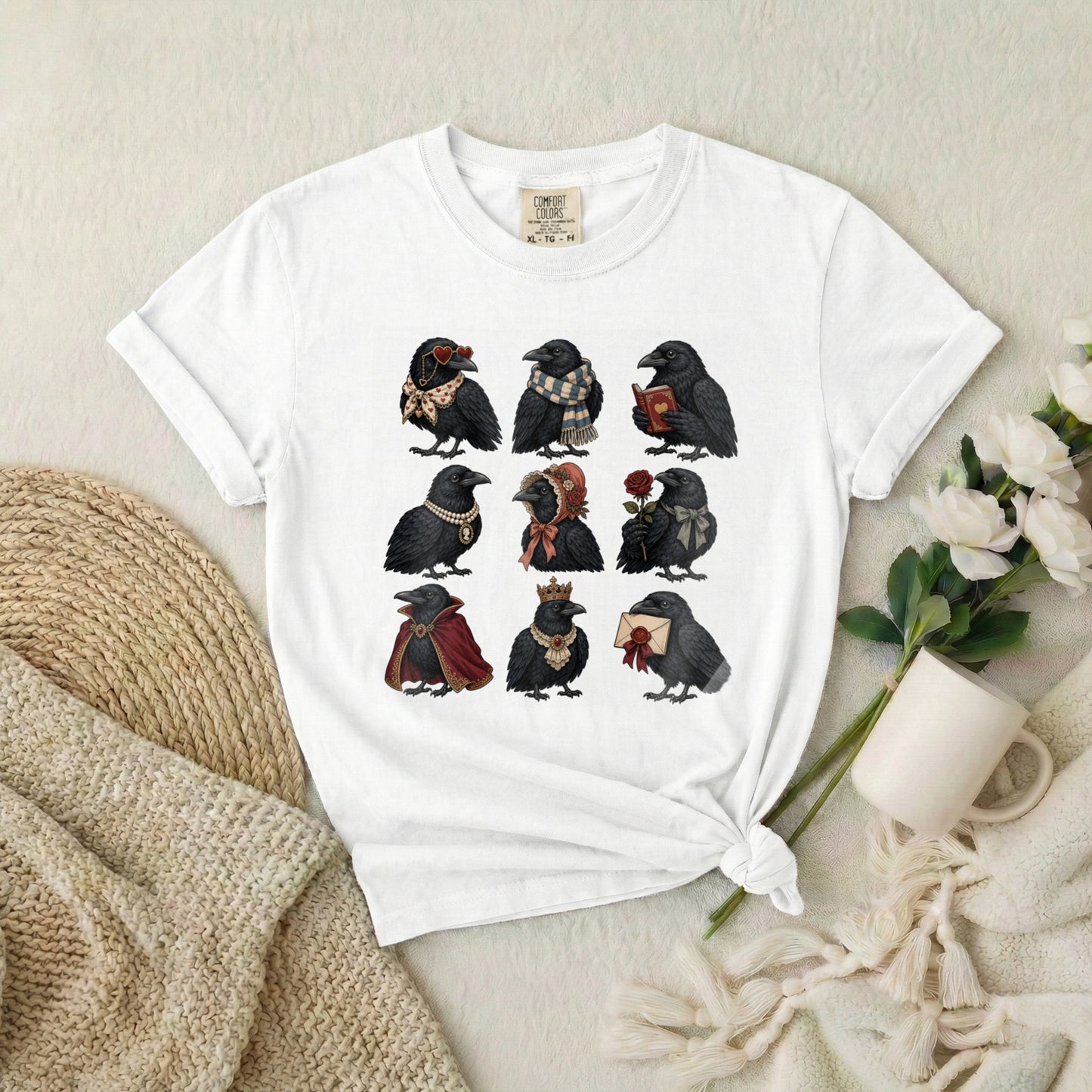 Raven Characters T‑Shirt — Cute Gothic Crow Crew with Accessories