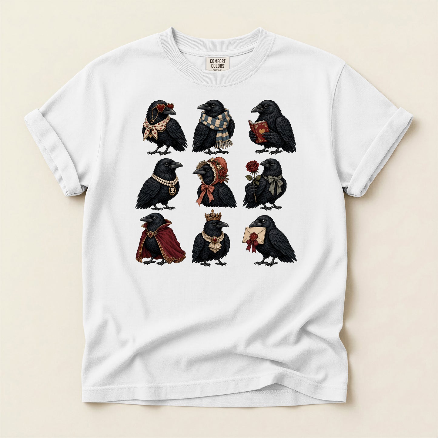 Raven Characters T‑Shirt — Cute Gothic Crow Crew with Accessories