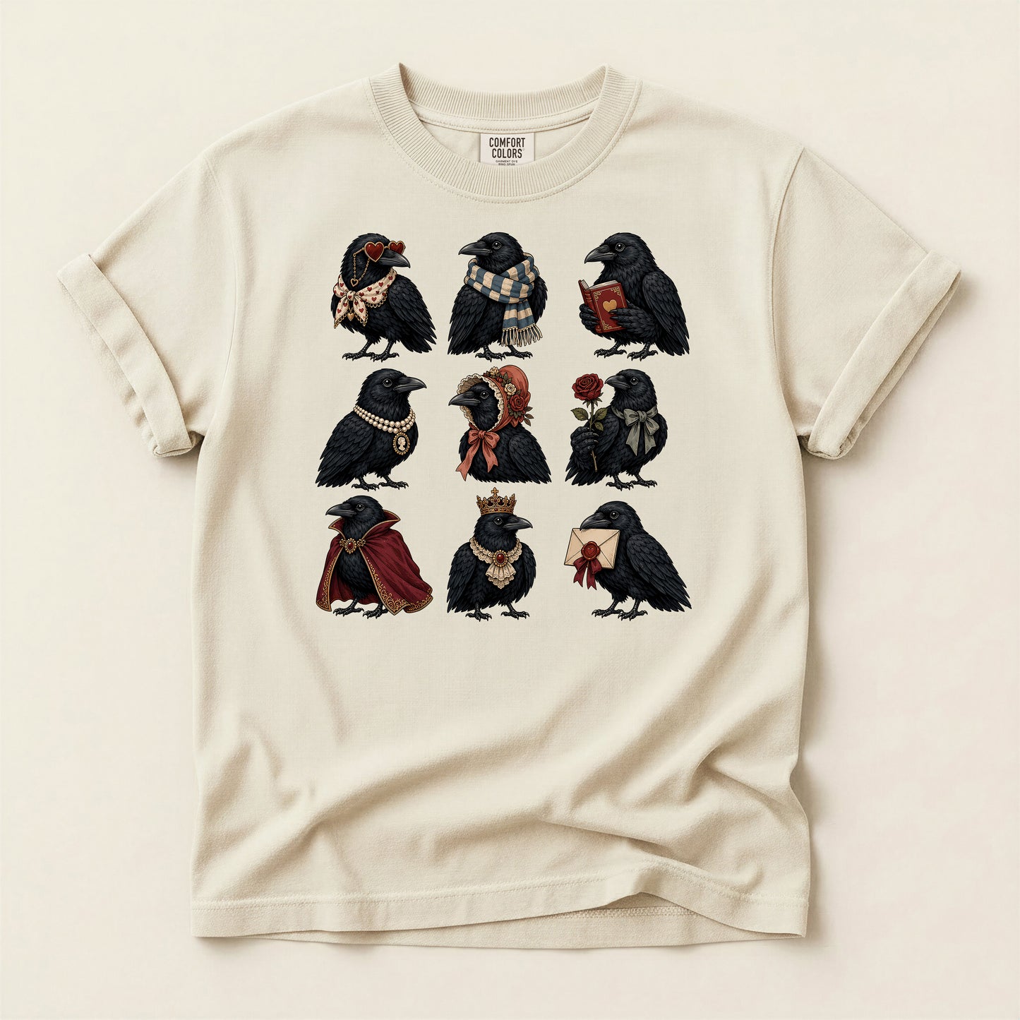 Raven Characters T‑Shirt — Cute Gothic Crow Crew with Accessories